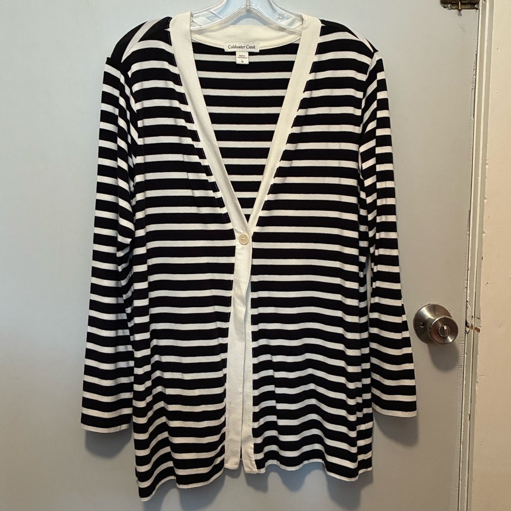 COLDWATER CREEK Prima Knit Black & Cream Striped Button Front Cardigan | Large